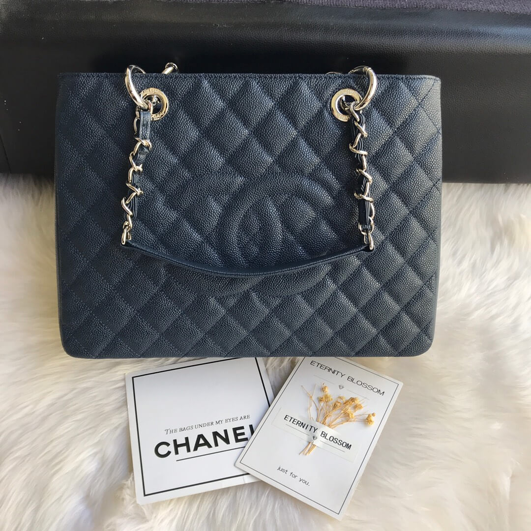 cha tote bag navy blue caviar gold hardwre 50995