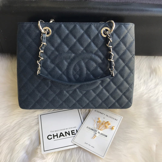 cha tote bag navy blue caviar gold hardwre 50995