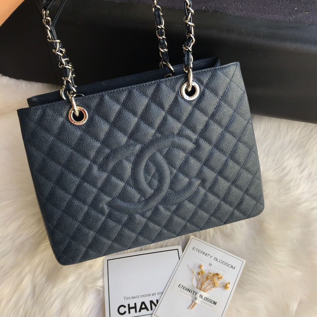 cha tote bag navy blue caviar gold hardwre 50995