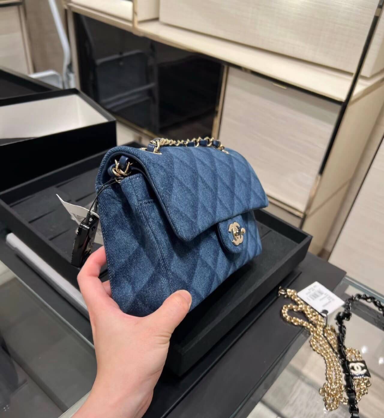 cha cf mini crossbody bag denim blue 20cm