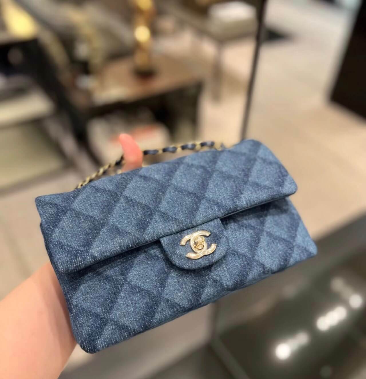 cha cf mini crossbody bag denim blue 20cm