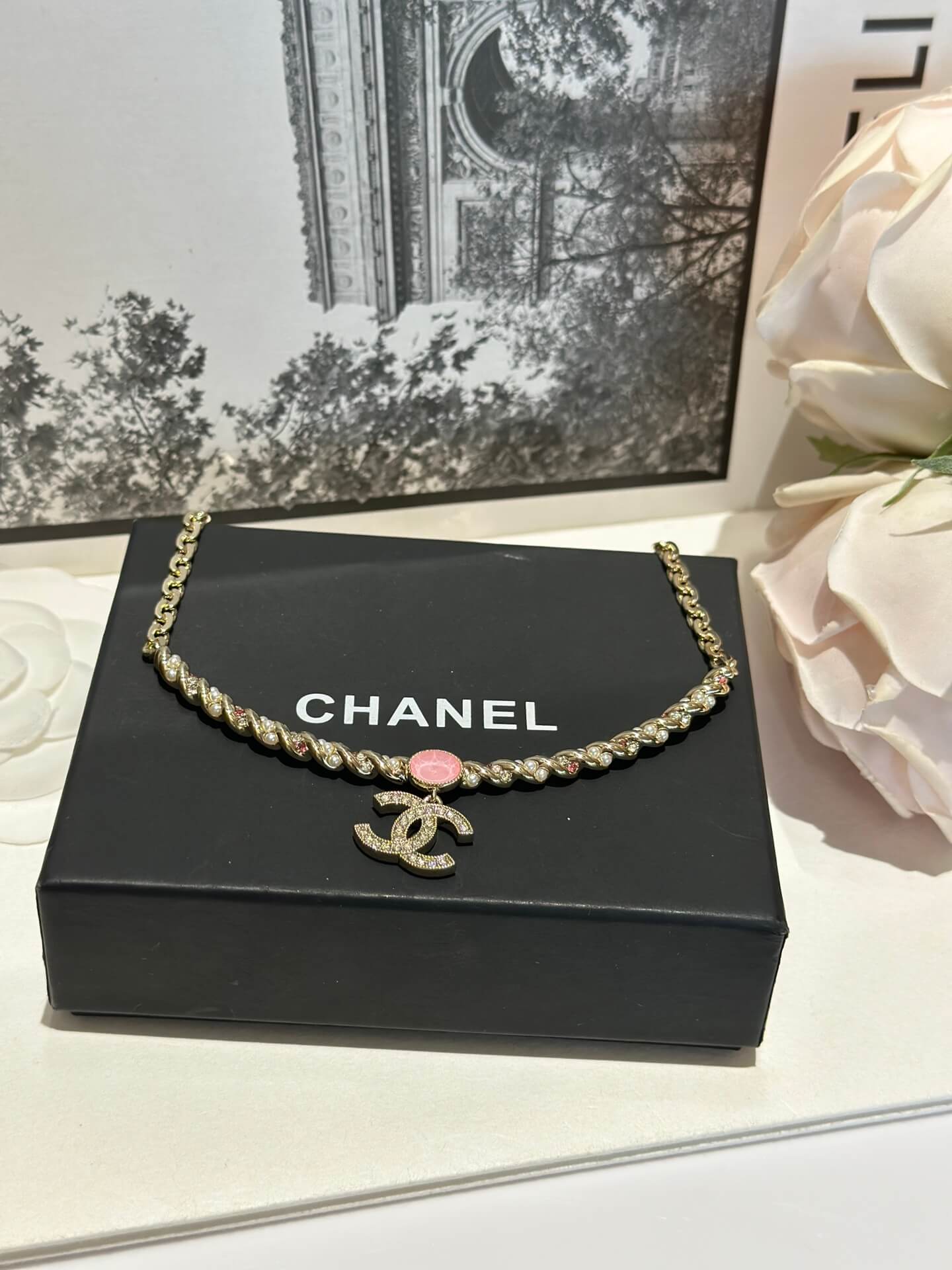 cha exquisite premium twisted pink diamond pearl double c collar xlc40
