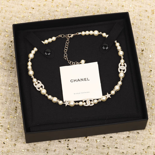 cha five pointed star fashion retro diamond pearl necklace xl13168a26