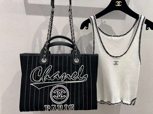 cha striped beach bag shopping bag 30cm black handbag