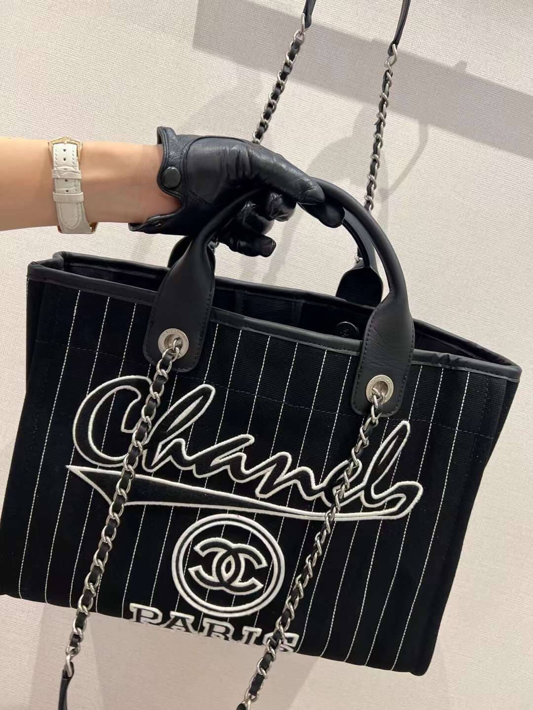 cha striped beach bag shopping bag 30cm black handbag