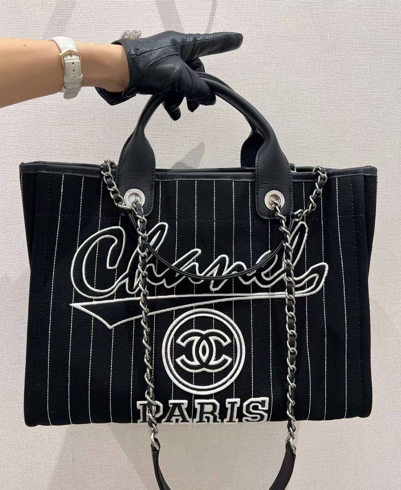 cha striped beach bag shopping bag 30cm black handbag