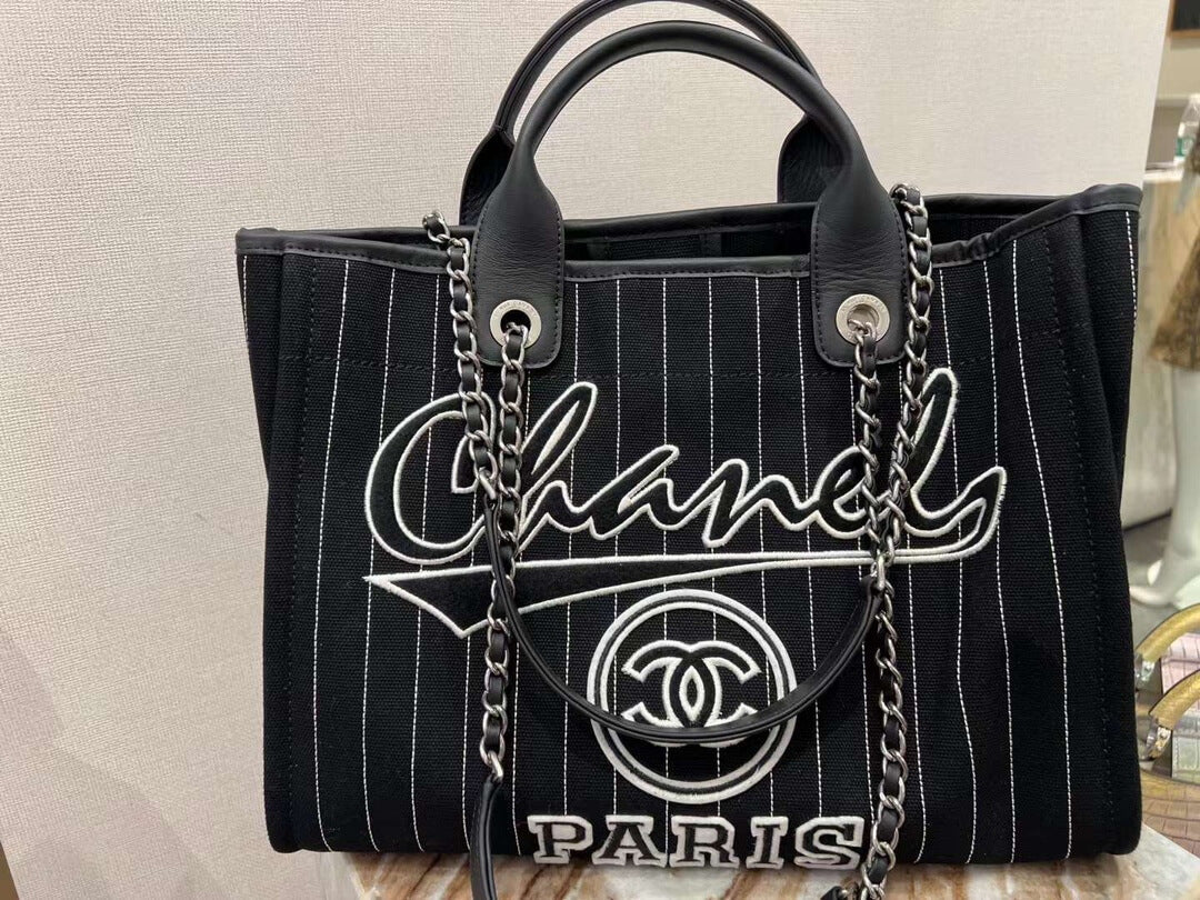 cha striped beach bag shopping bag 30cm black handbag
