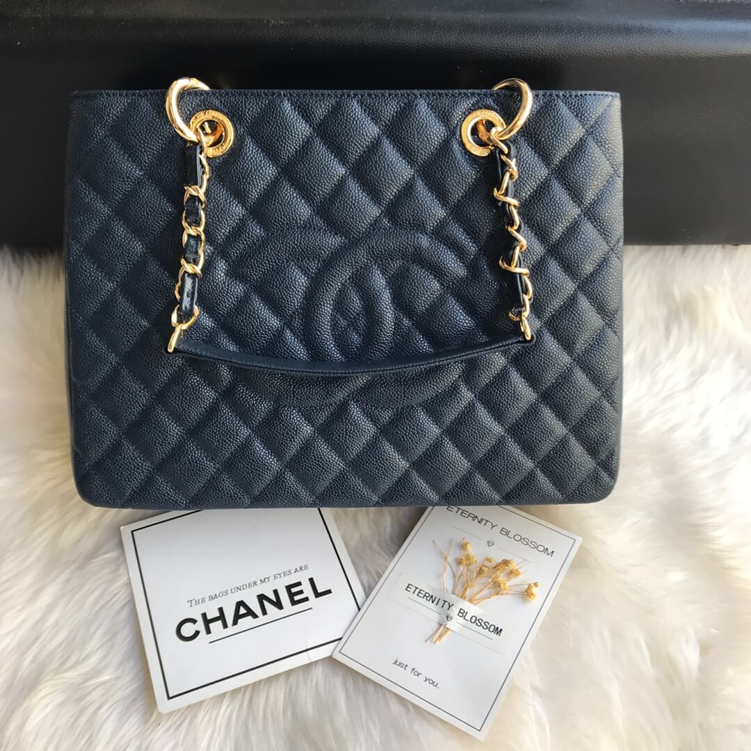 cha tote bag navy blue caviar gold hardwre 50996