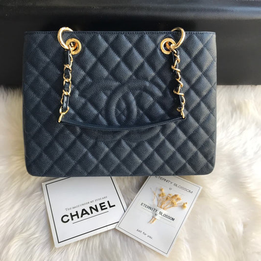cha tote bag navy blue caviar gold hardwre 50996