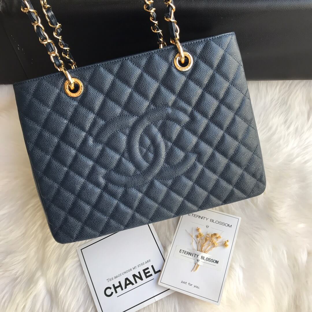 cha tote bag navy blue caviar gold hardwre 50996
