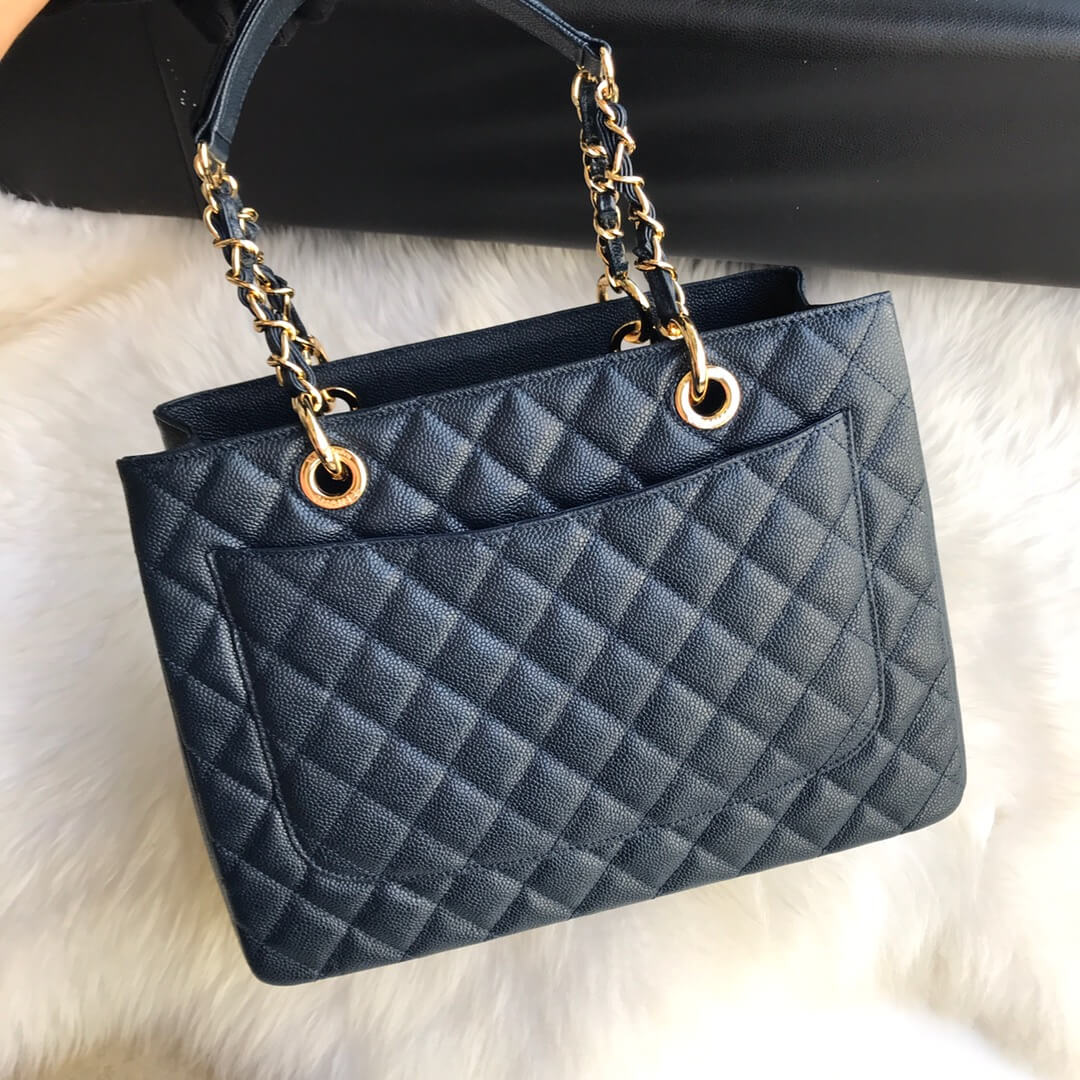 cha tote bag navy blue caviar gold hardwre 50996