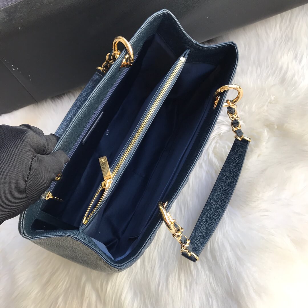 cha tote bag navy blue caviar gold hardwre 50996
