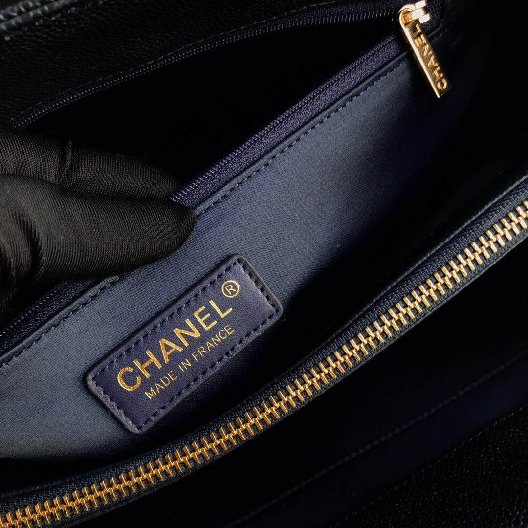 cha tote bag navy blue caviar gold hardwre 50996