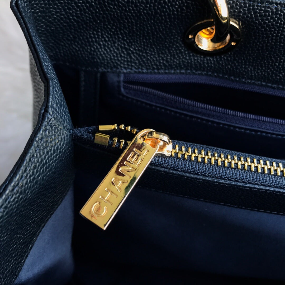 cha tote bag navy blue caviar gold hardwre 50996