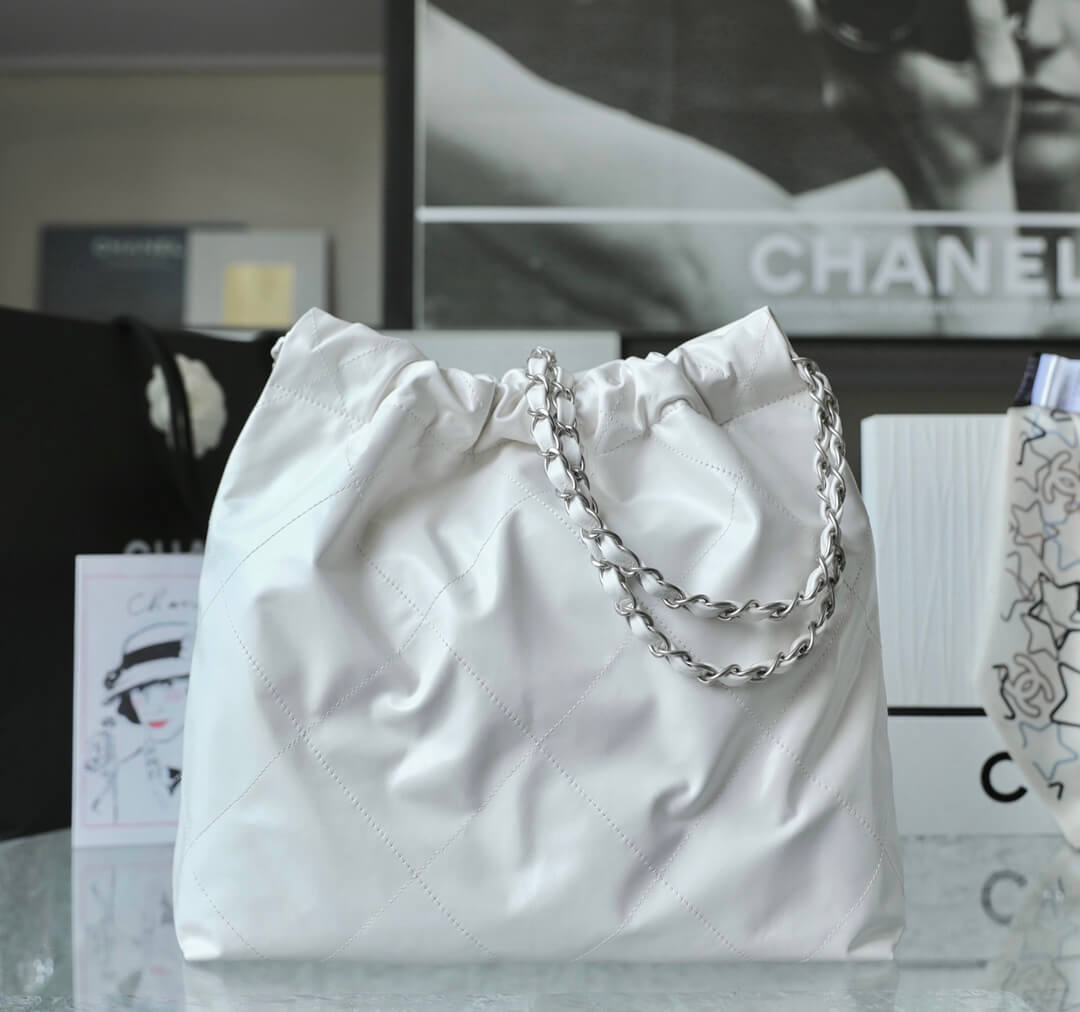 CHA 22 BAG PM white Calfskin  white silver metal 35cm as3260