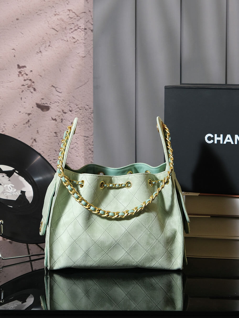 CHA 25 SMALL HANDBAG AS5293 Green Suede Leather
