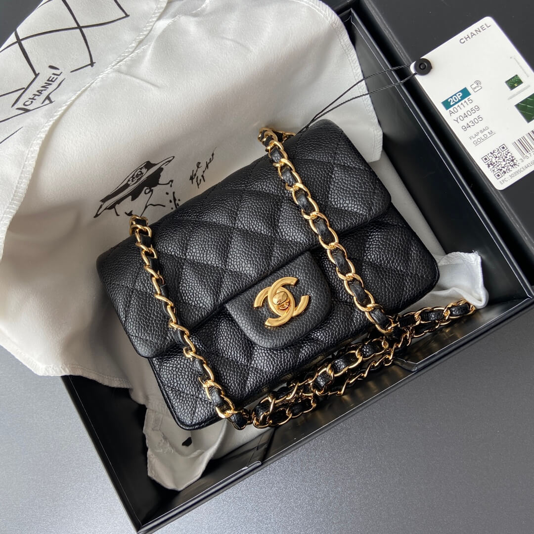 CHA MINI CLASSIC FLAP HANDBAG Caviar Black gold 1115