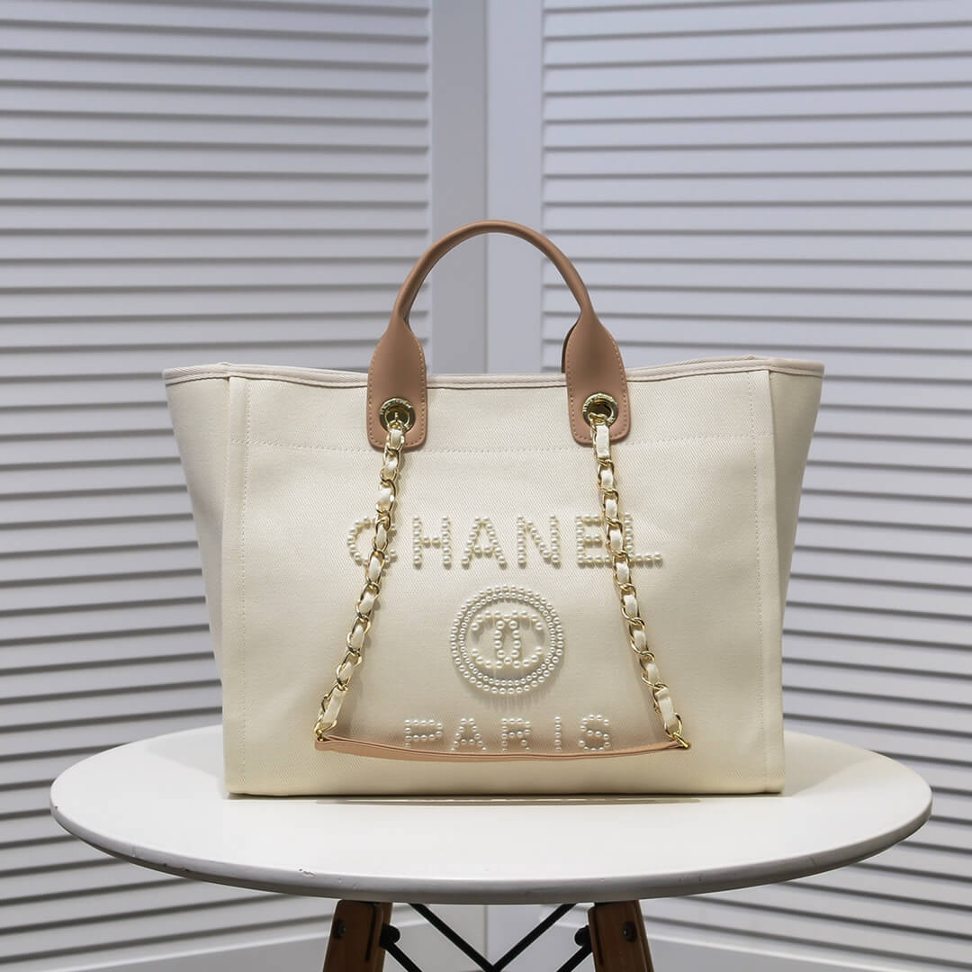 cha 66941 chane tote spring summer holiday shipping bag chain canvas beach bag apricot