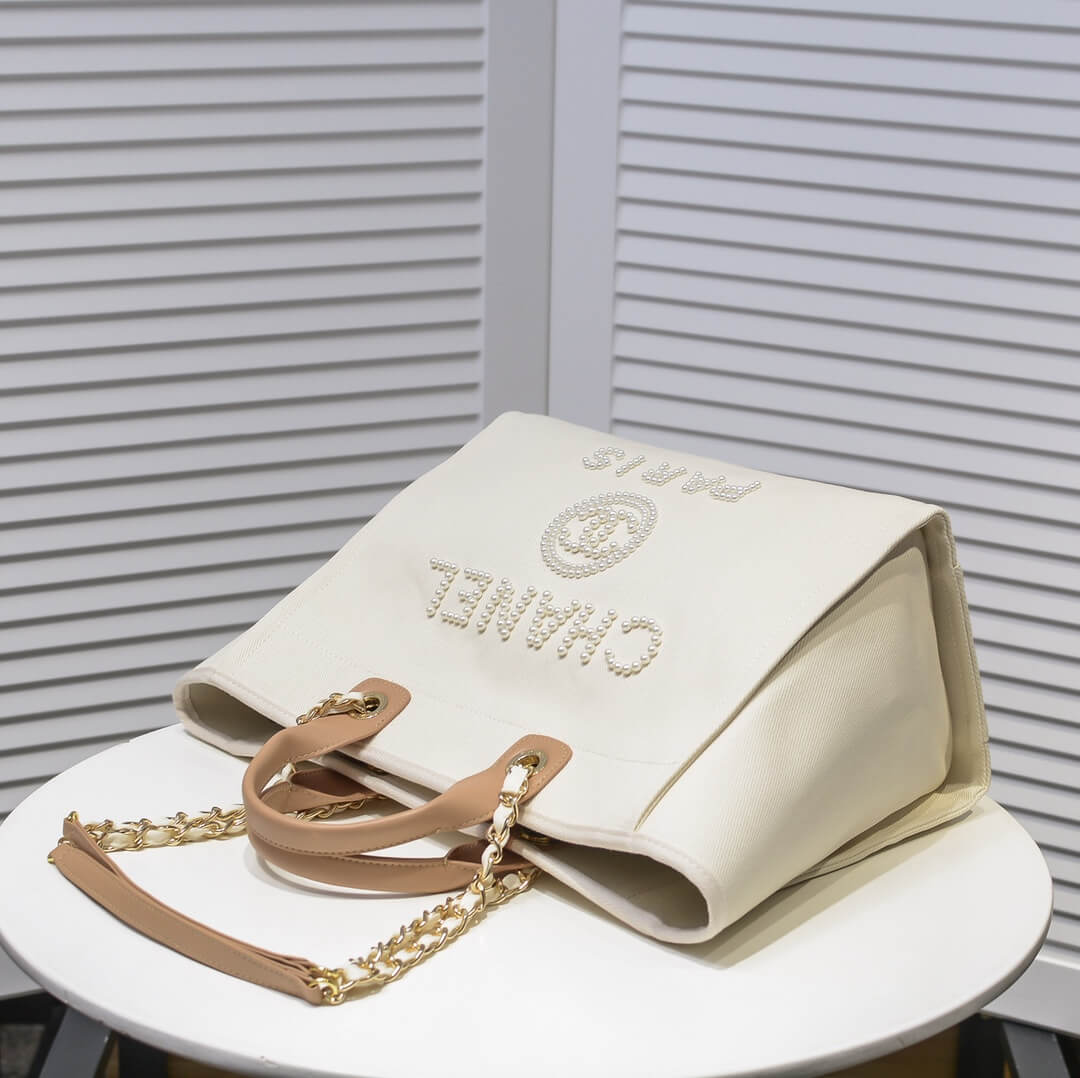 cha 66941 chane tote spring summer holiday shipping bag chain canvas beach bag apricot