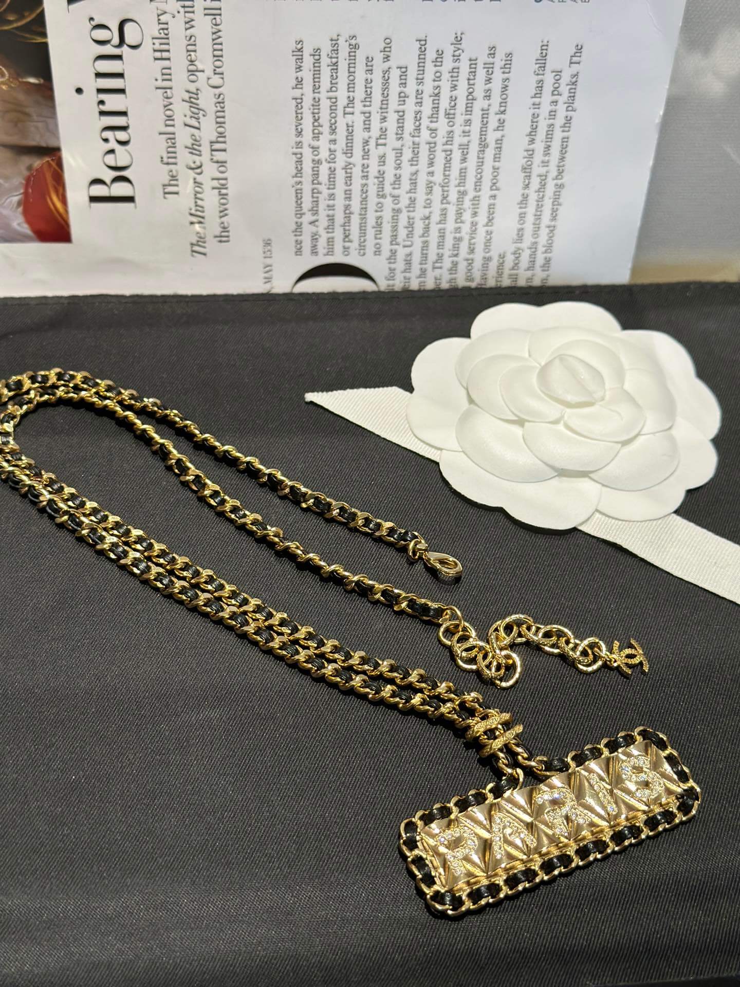 chanels new antique black leather woven necklace xlc4