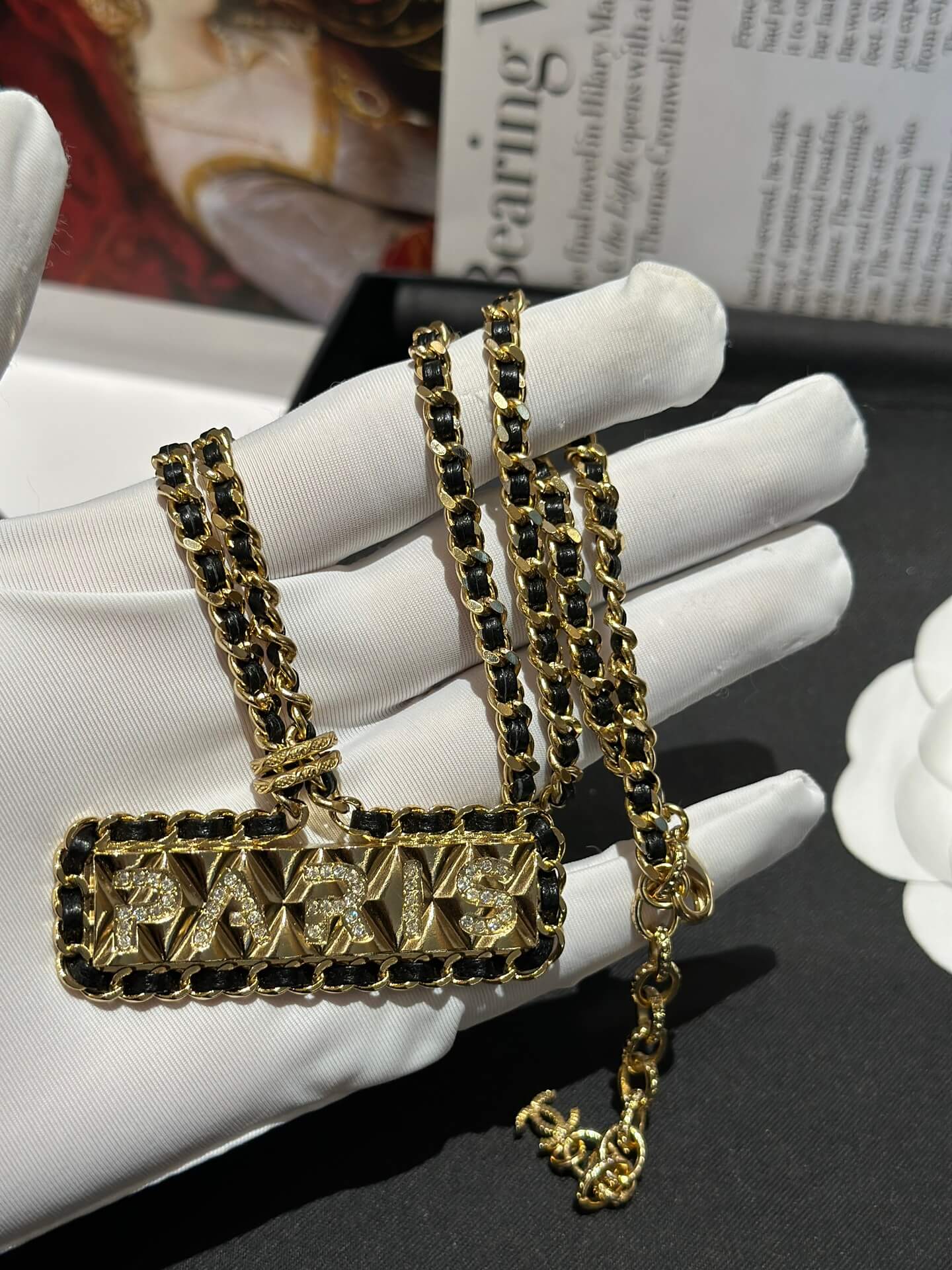chanels new antique black leather woven necklace xlc4