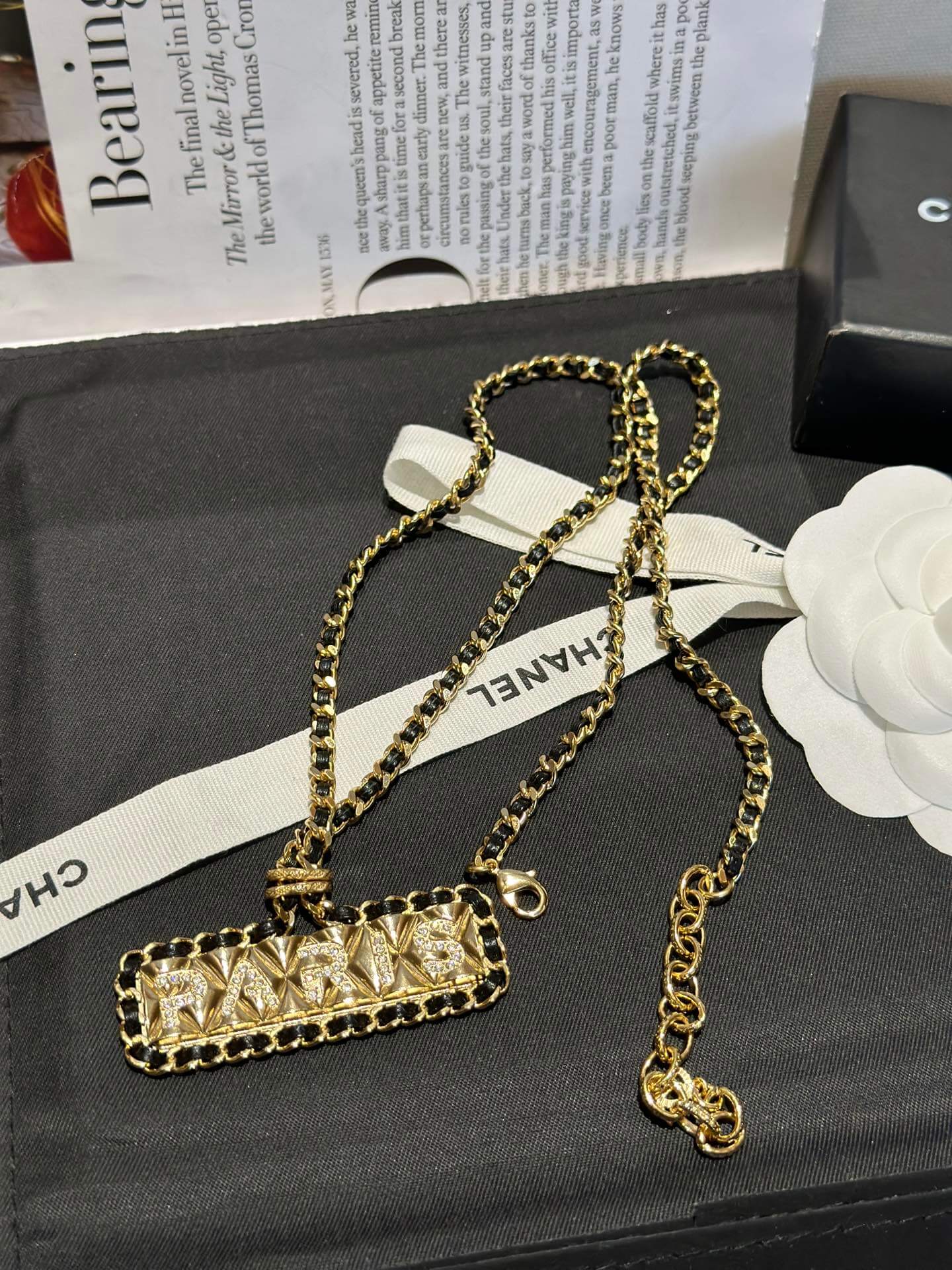 chanels new antique black leather woven necklace xlc4