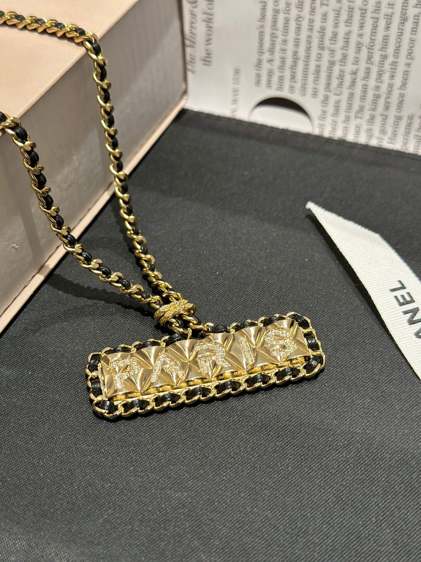 chanels new antique black leather woven necklace xlc4
