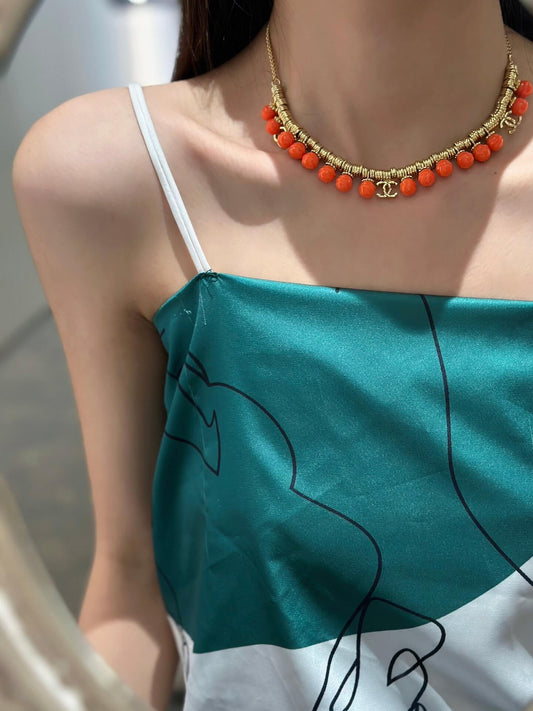 chanels new antique fashion multi loop orange pearl short chain xlc27