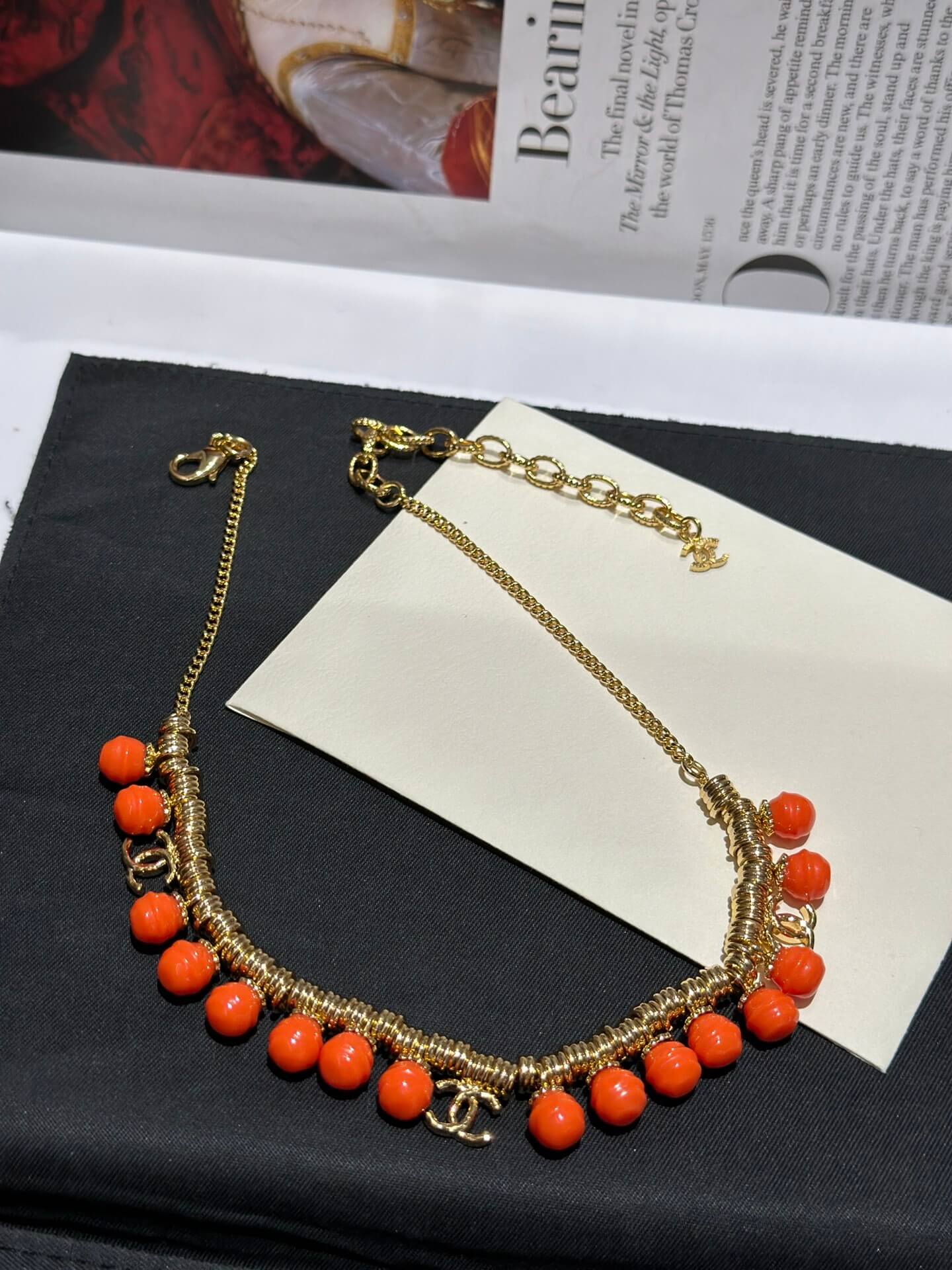 chanels new antique fashion multi loop orange pearl short chain xlc27