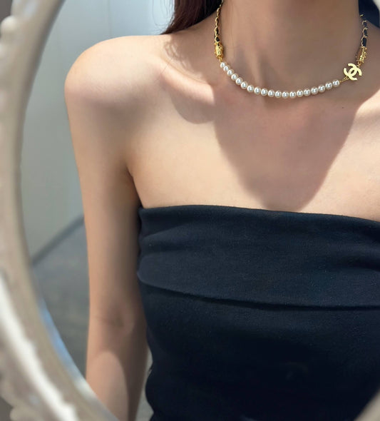 chanels new pearl chain double c full diamond sweet cool collar chain xl12