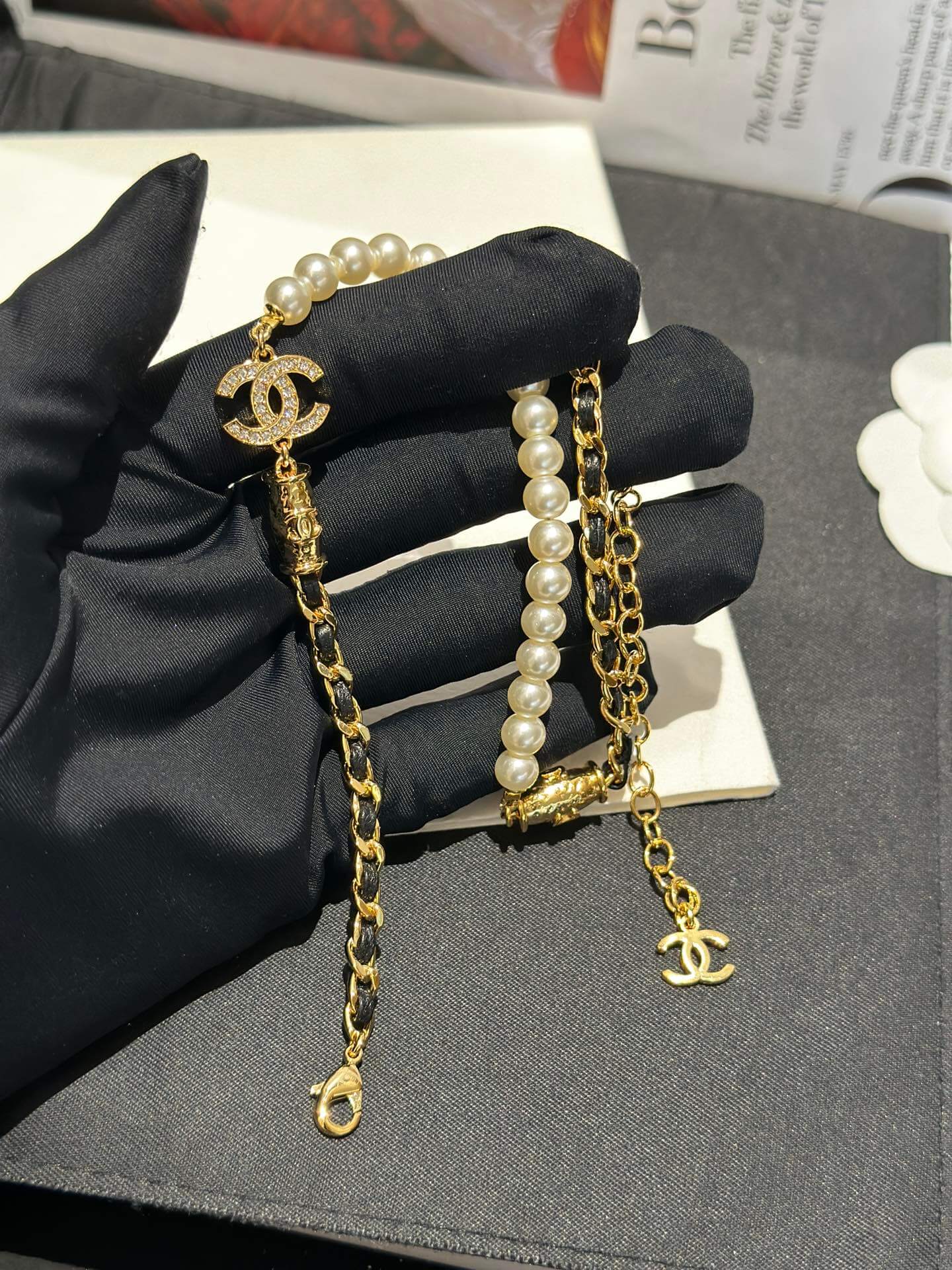 chanels new pearl chain double c full diamond sweet cool collar chain xl12