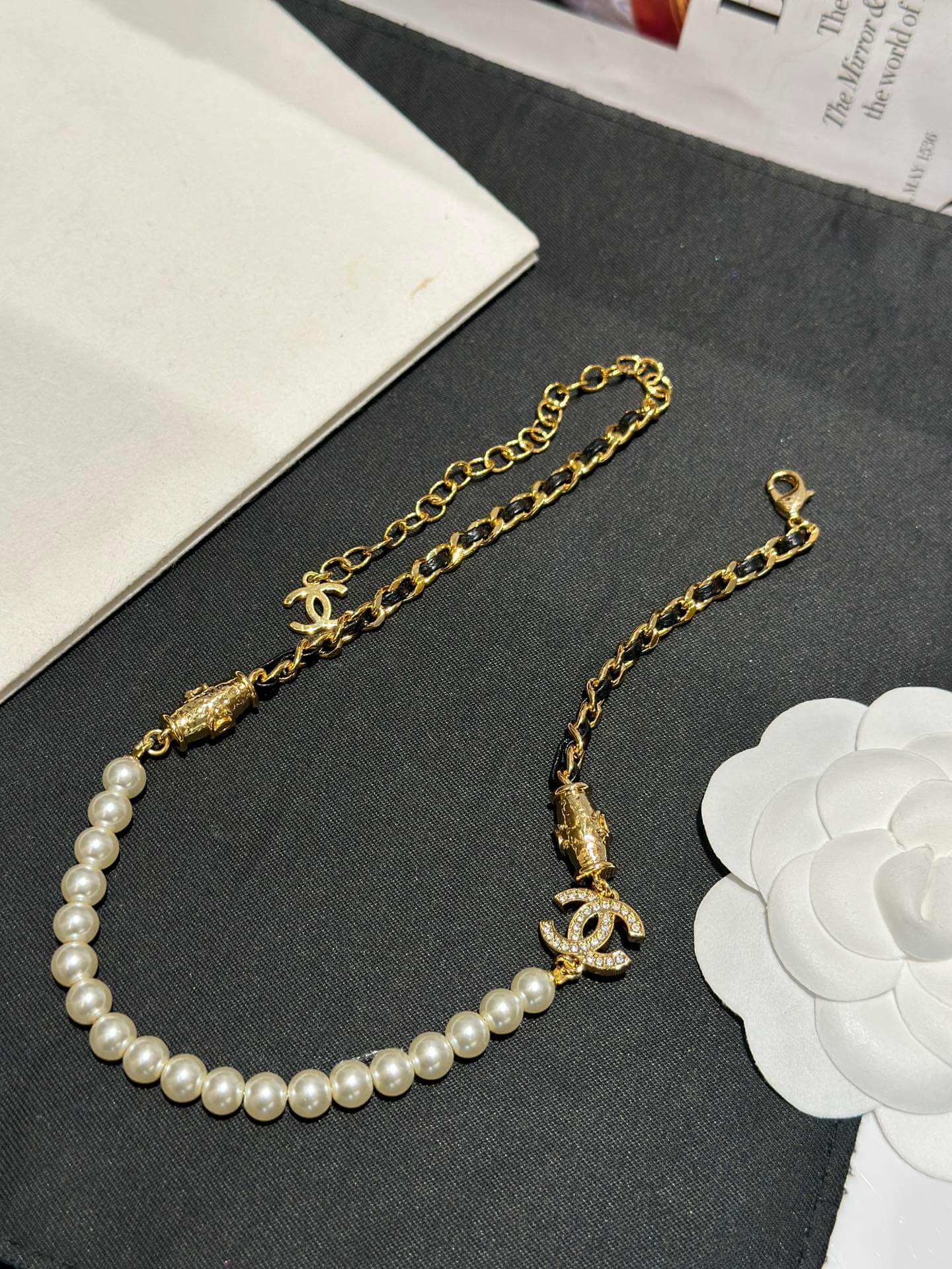 chanels new pearl chain double c full diamond sweet cool collar chain xl12