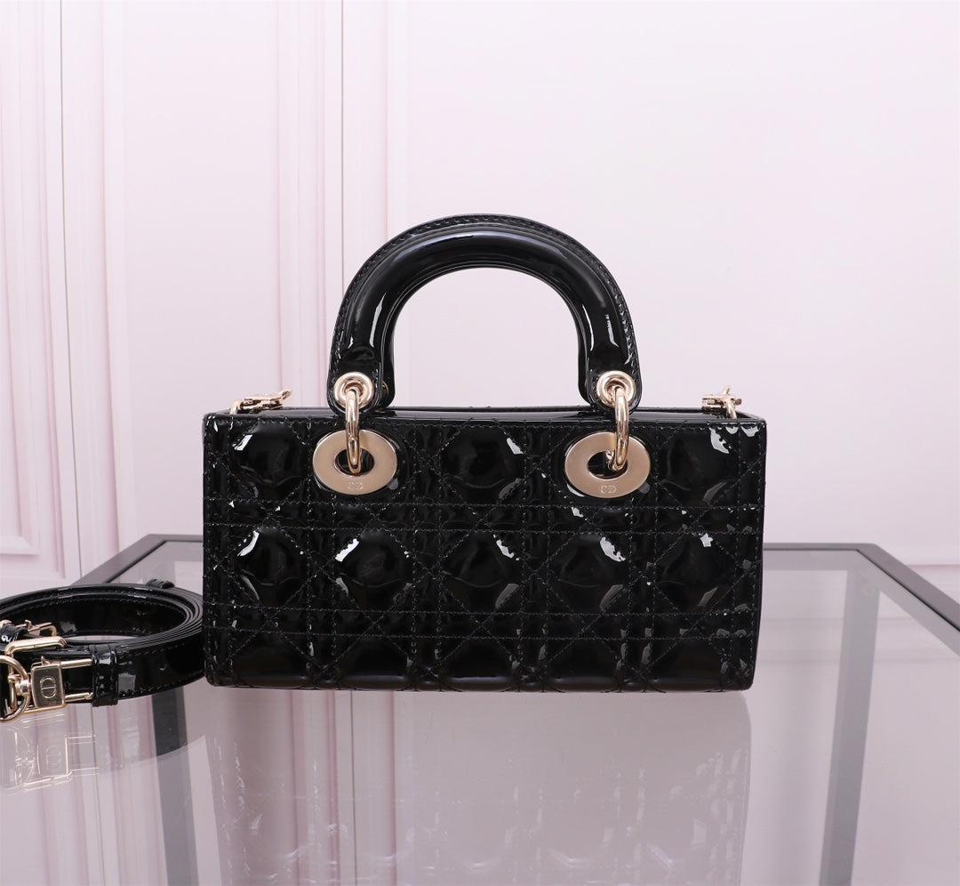 DIOR Small Lady D-Joy Bag Black Patent Cannage Calfskin M0613