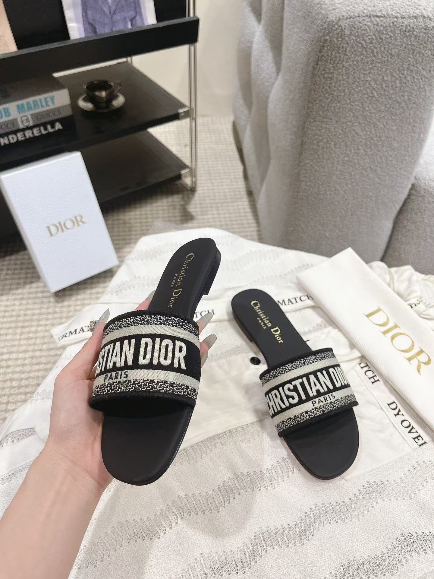 Dior Dway Slide Black Embroidered Cotton Slippers S11X