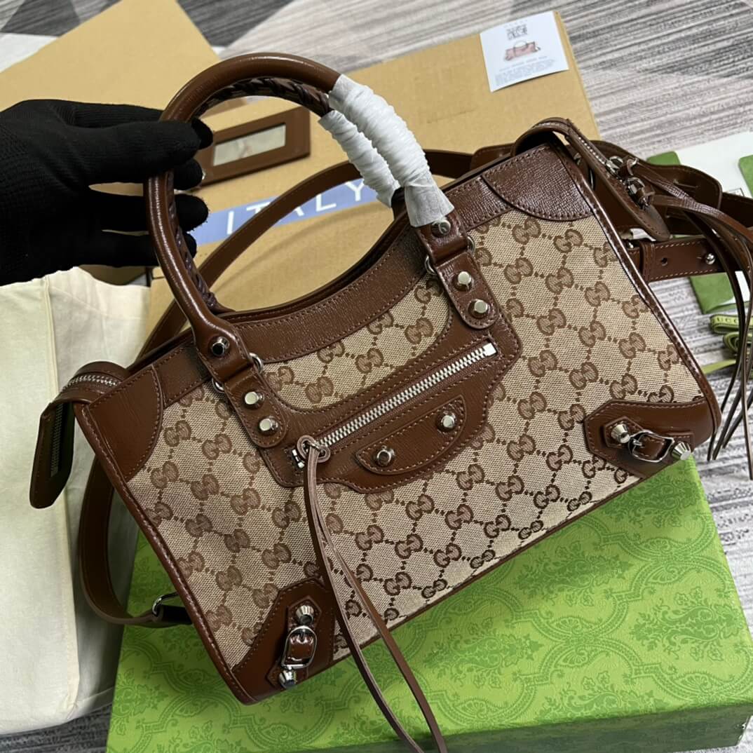 gg 681690 shoulder bag handbag aria real leather pvc brown