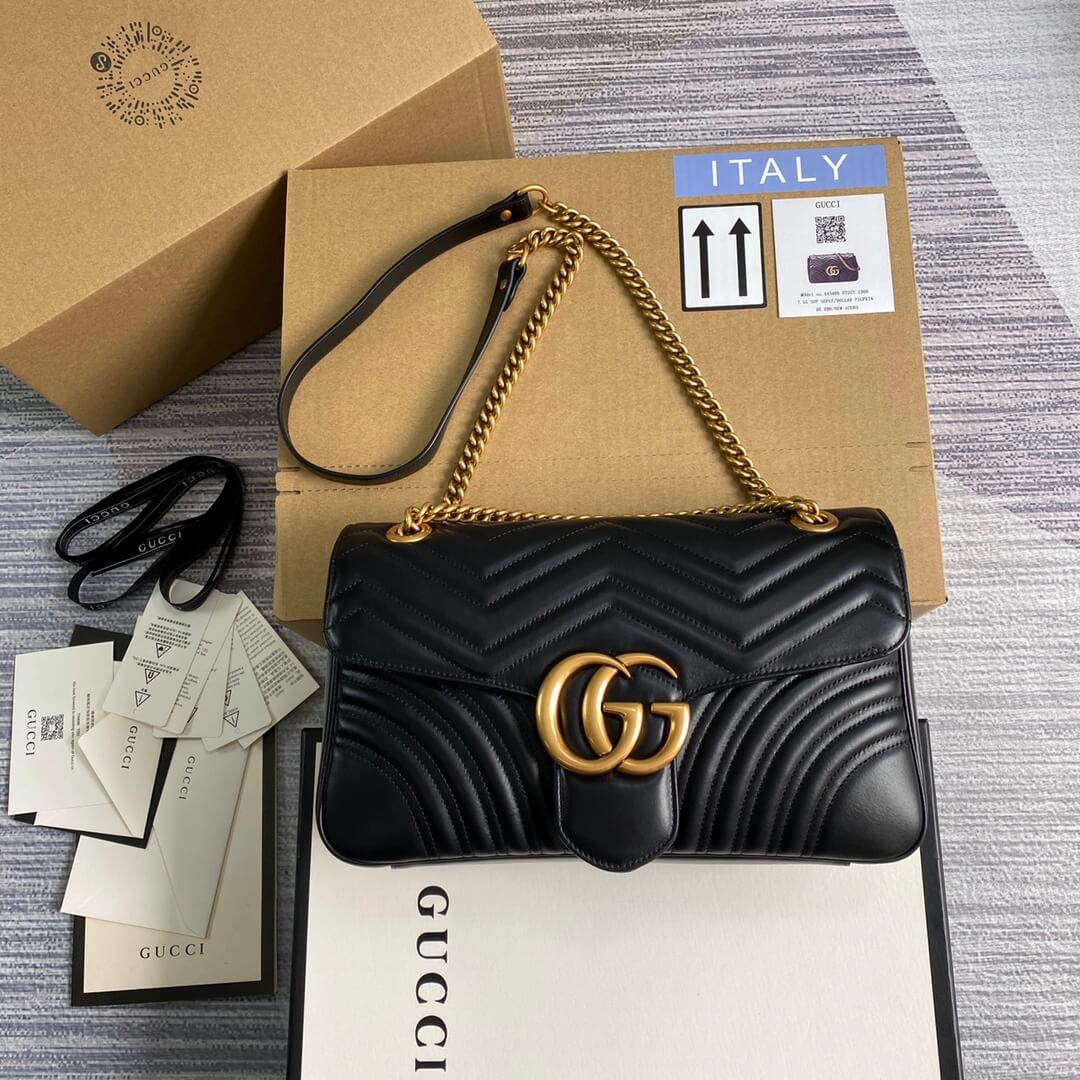 443496 gg marmont medium matelasse shoulder bag black leather gold hardware