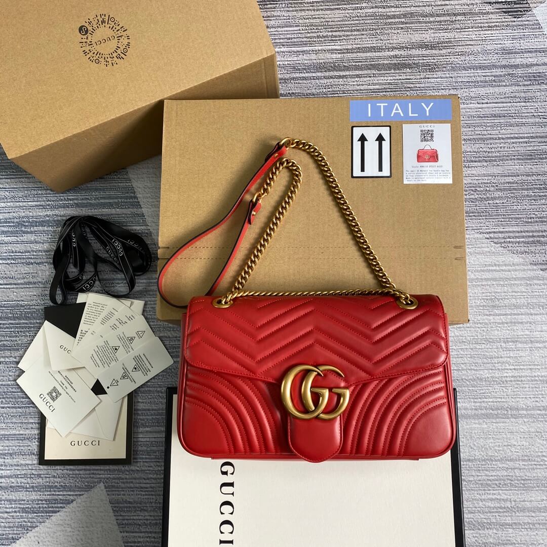 443496 gg marmont medium matelasse shoulder bag red leather gold hardware