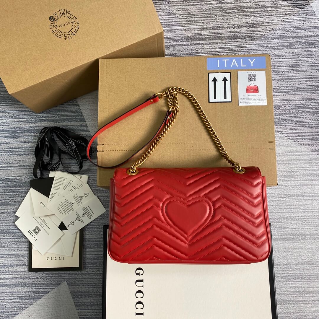 443496 gg marmont medium matelasse shoulder bag red leather gold hardware