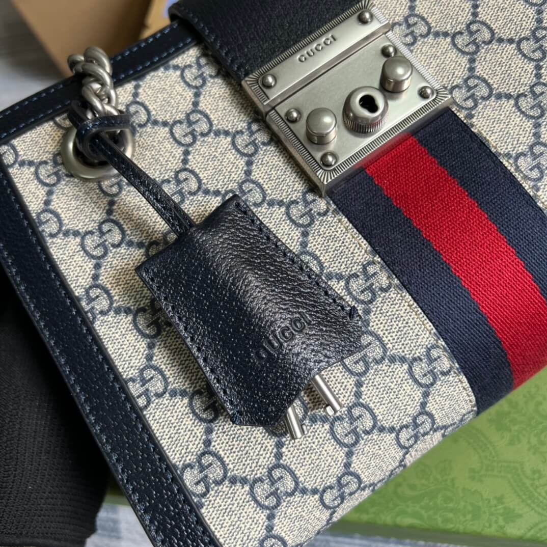gucci padlock chain small bag black blue pvc silver hardware