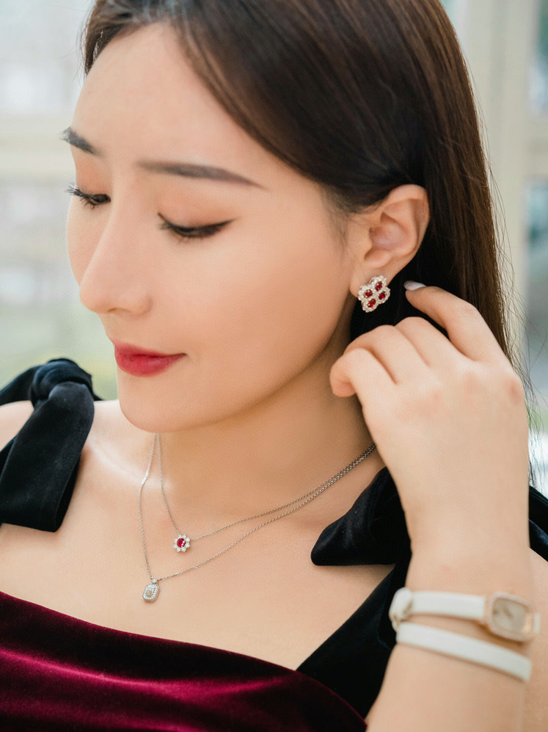 HW Red Diamond Loop Garden Earrings MLD2401