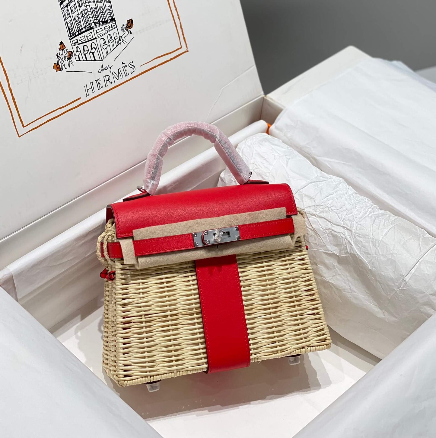 Hermès Kelly 20 Mini Picnic Barenia & Osier Wicker Palladium Hardware red QWE24080401