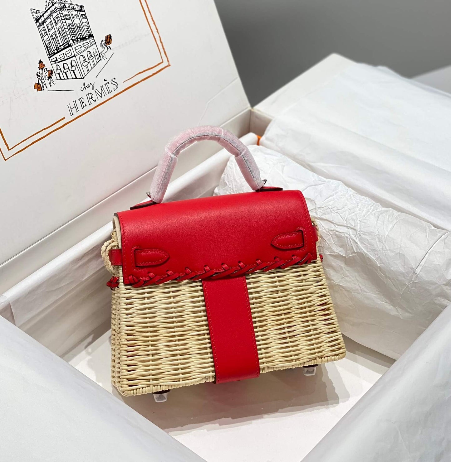 Hermès Kelly 20 Mini Picnic Barenia & Osier Wicker Palladium Hardware red QWE24080401