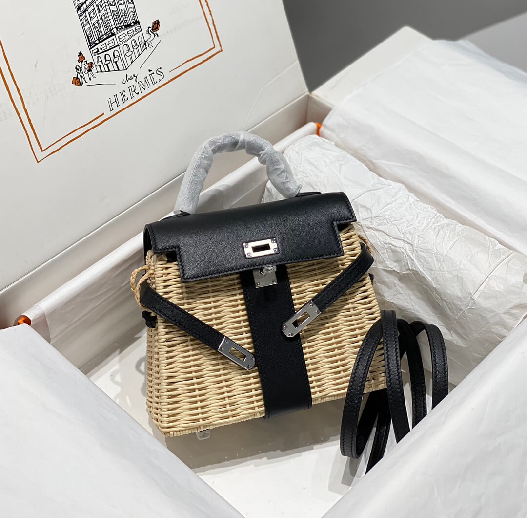 Hermès Kelly 20 Mini Picnic Barenia & Osier Wicker Palladium Hardware black QWE24080401