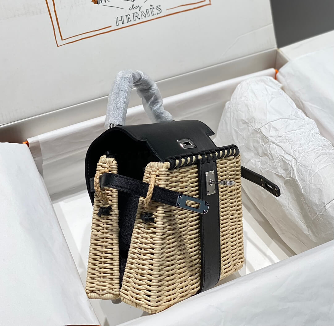 Hermès Kelly 20 Mini Picnic Barenia & Osier Wicker Palladium Hardware black QWE24080401