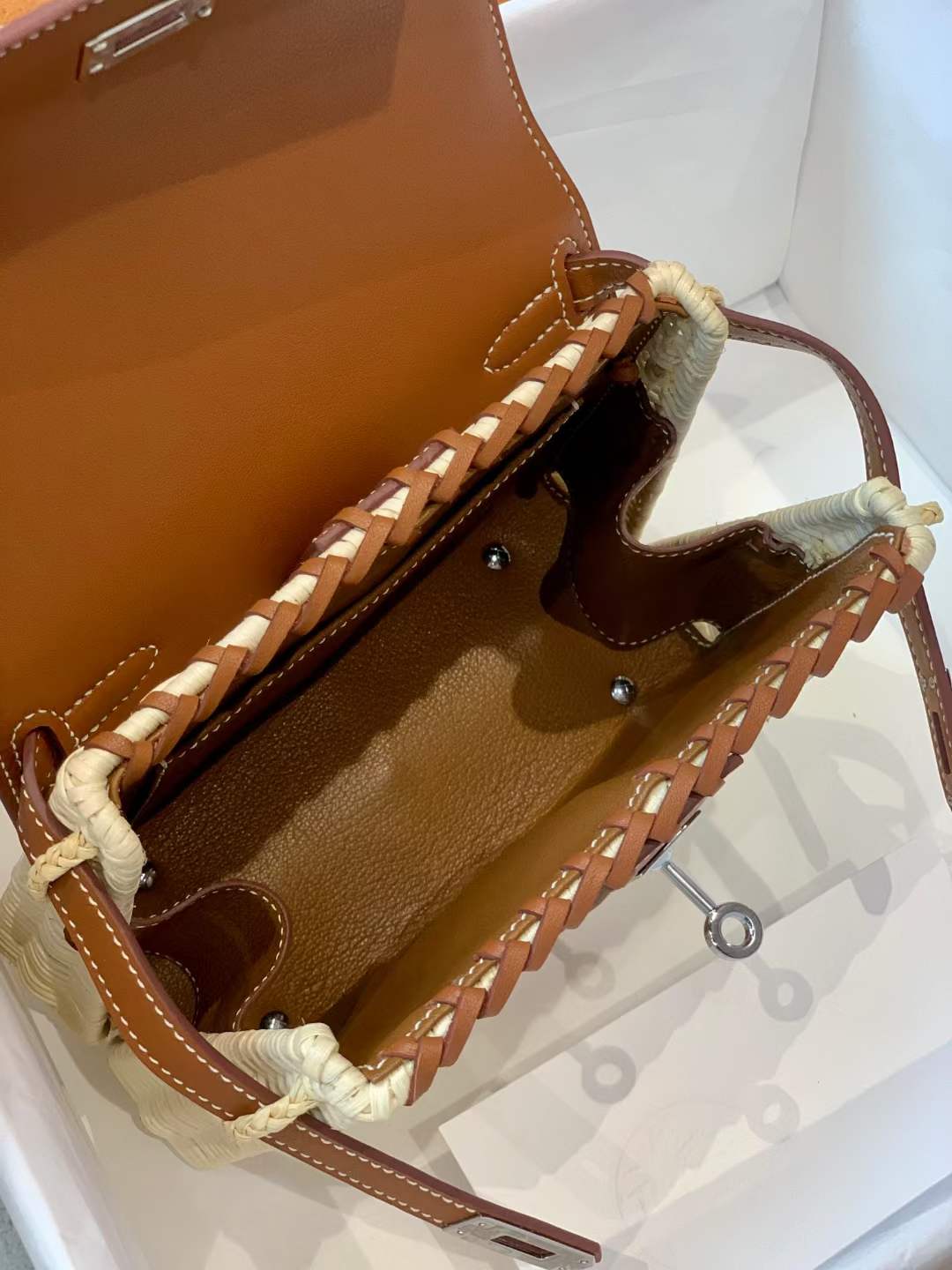 Hermès Kelly 20 Mini Picnic Barenia & Osier Wicker Palladium Hardware Watercolor brown QWE24080401