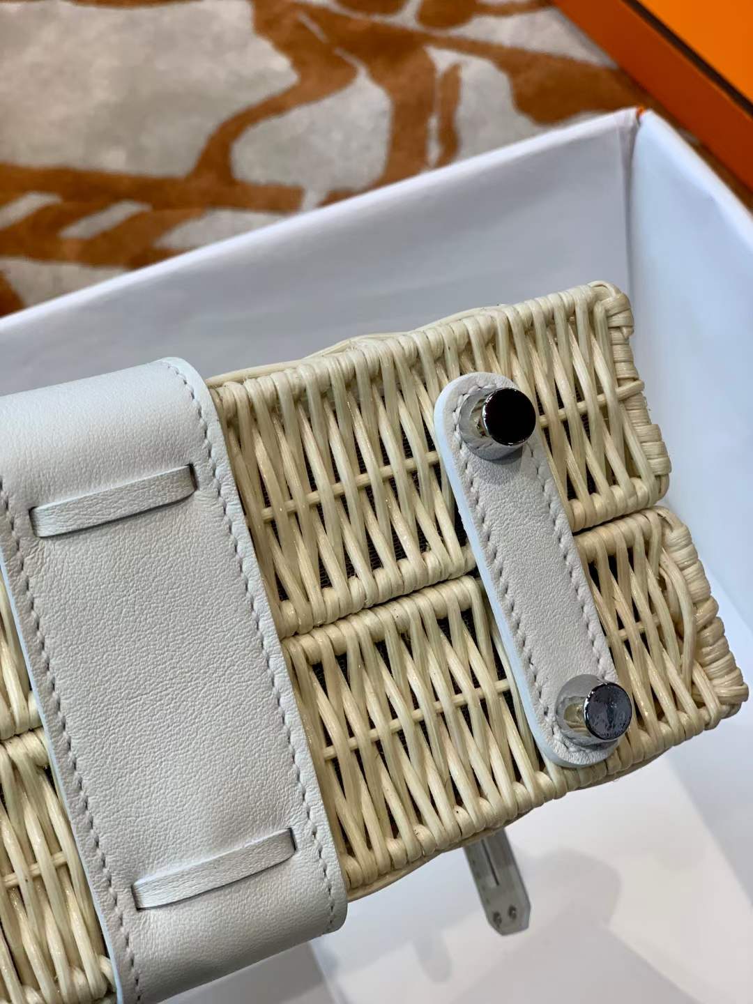 Hermès Kelly 20 Mini Picnic Barenia & Osier Wicker Palladium Hardware white QWE24080401