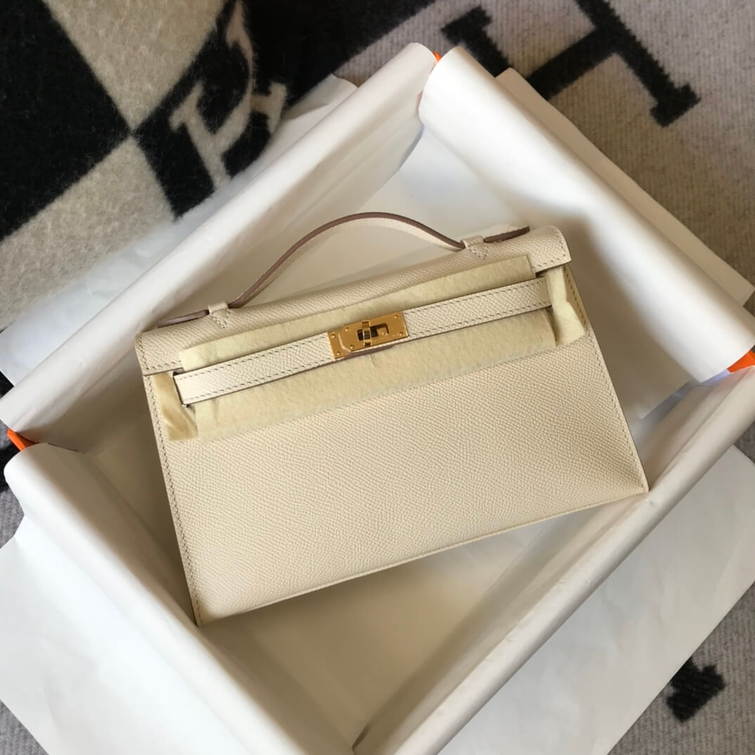 Hermes Mini Kelly Pouchette 22cm silver hardware 2412281 milk white