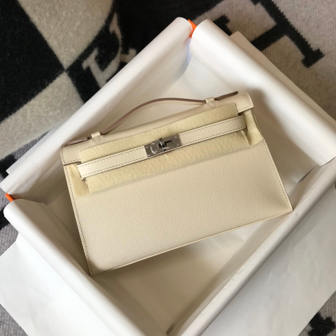 Hermes Mini Kelly Pouchette 22cm silver hardware 2412281 milk white