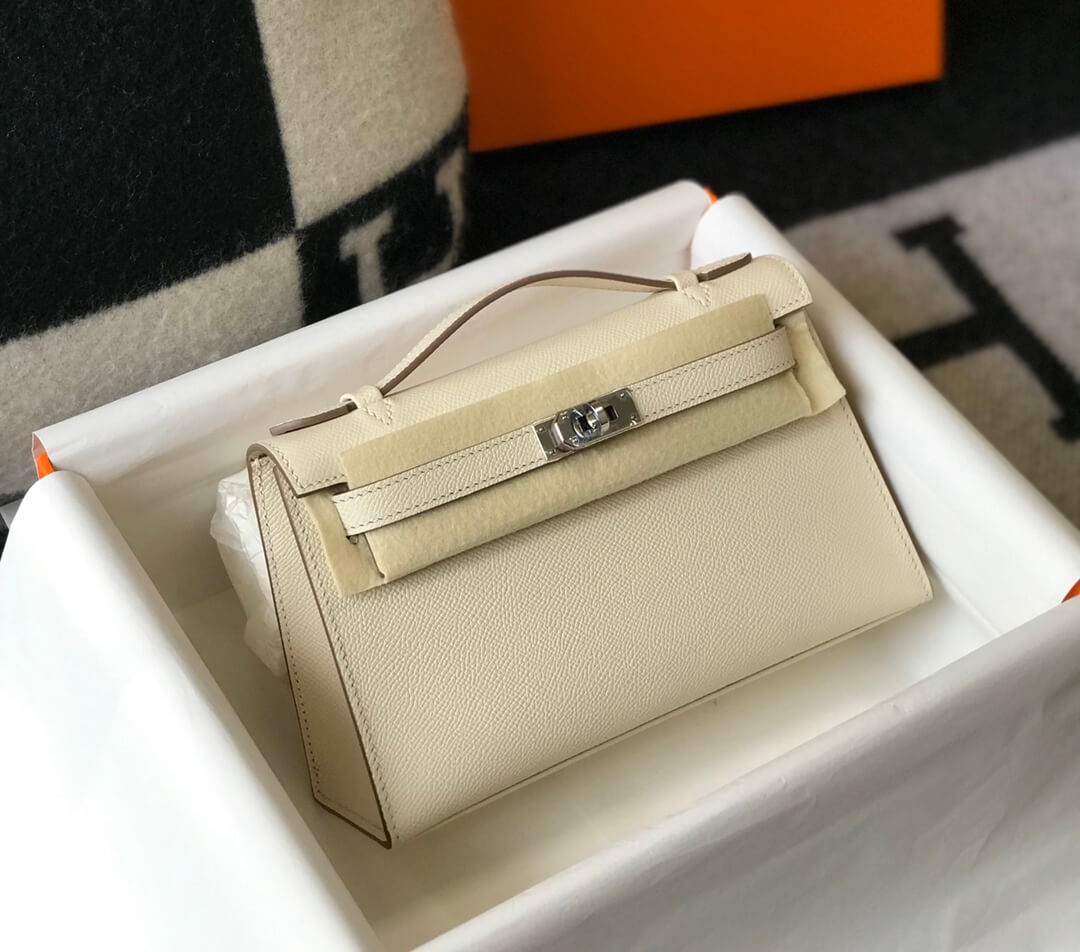 Hermes Mini Kelly Pouchette 22cm silver hardware 2412281 milk white