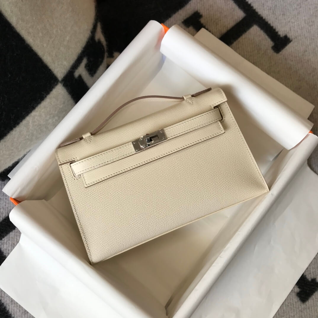 Hermes Mini Kelly Pouchette 22cm silver hardware 2412281 milk white